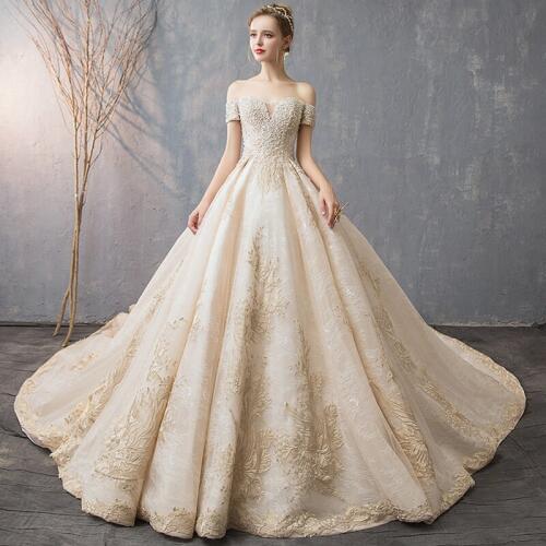 New Gorgeous Royal Train Short Sleeves Ball Gown Lace Wedding Dresses Bridal Gown vestido De Noiva robe de mariee Luxury Champag