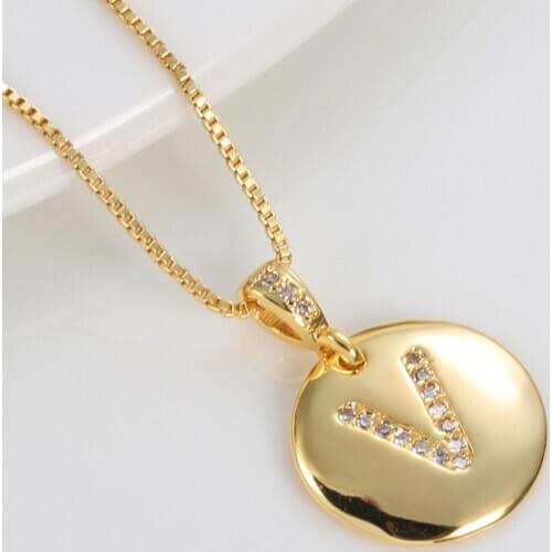 High Quality 26 Letters Crystal 14 K Plated Copper Wafer Pendant Necklace