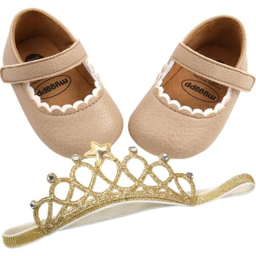 Princess Baby Girls First Walkers 2PCS Set Soft PU Leather Casual Shoes Cute Mary Jane Flats +Shiny Crown Hairband for Infant