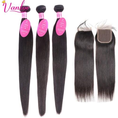 Vanlov Straight Hair Bundles With Closure Peruvian Hair Bundles With Closure Remy Human Hair Bundles With Closure 1B#/1# Hair