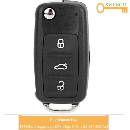 KEYECU Flip Remote Control Car Key for Volkswagen Caddy Eos Golf Beetle Polo Up Tiguan Touran, 3 Buttons - 434MHz - 5K0837202AD