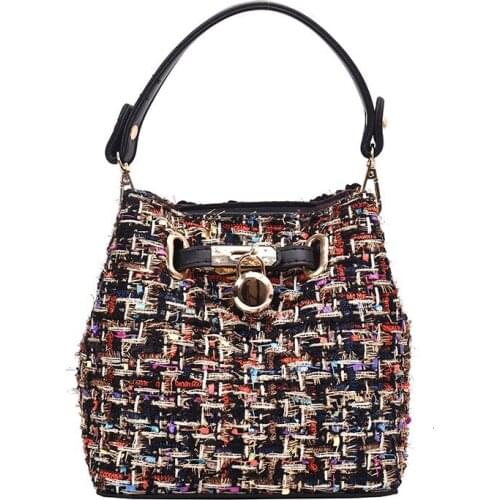 Luxury Designer Women Woolen Cloth Bucket Fashion Ladies Vintage Contrast Color Handbag Casual Female Tote Crossbody Bags