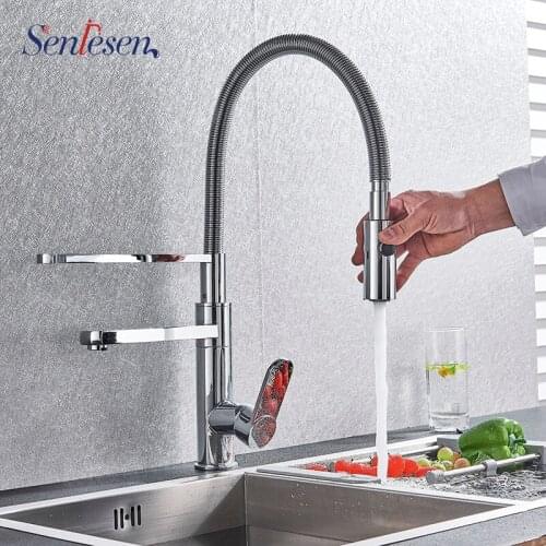 Warehouse Clean Chrome Spring Pull Down Kitchen Faucet Dual Spouts 360 Swivel Handheld Shower Kitchen Mixer Crane Hot Cold