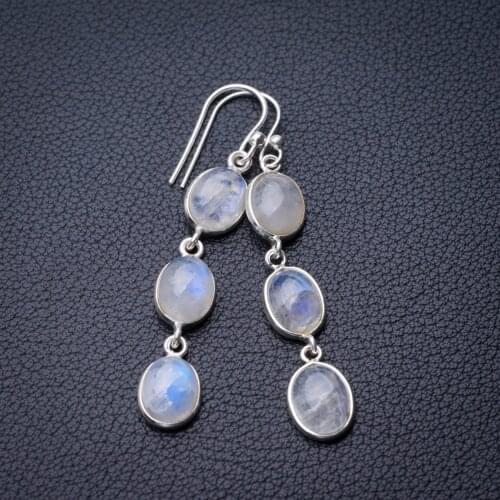 StarGems Natural Rainbow Moonstone Handmade 925 Sterling Silver Earrings 2" E0717