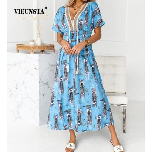 Personality Design Lace Rope Splicing Printing V-Neck Sweet Wind Midi Skirt 2021 Summer Small Fresh Fashion Short Sleeve Dress