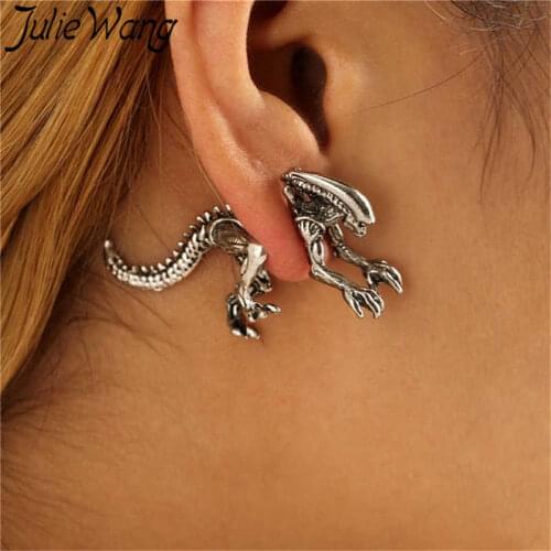 Julie Wang 1 Pair Alien Shape Dinosaur Stud Earring Black Silver Color Animal Fashion Punk Women Girl Earrings Jewelry