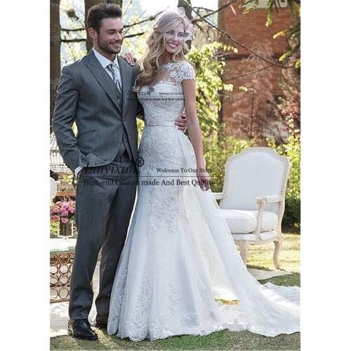 Elegant Tulle Mermaid Wedding Dresses With Lace Appliques Beadings Detachable Skirt For Bride Wedding Gowns Vestido De Novia