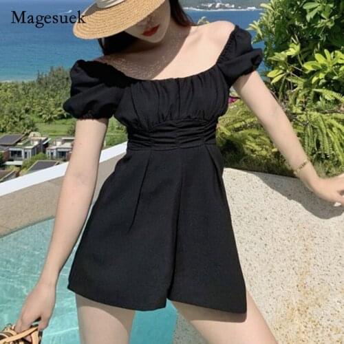 2021 New Vintage Summer Women Dress Solid Cotton Thin Bubble Sleeve Black Dress for Women Casual High Waist Dress Vestido 14122