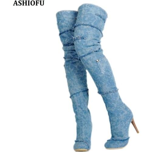 ASHIOFU Handmade Women High Heel Boots Denim Leather Sexy Party Prom Thigh High Boots Club Evening Fashion Long Boots Shoes