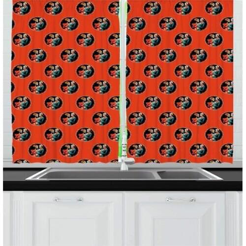 Pale Vermilion Multicolor Fiesta Party Kitchen Curtains Mexican Dia de Muertos Festival Pattern Skeleton Couple Dancing