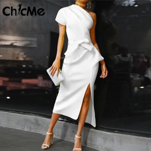 Chicme 2021 Dresses For Women Fashion Solid One Shoulder Ruched Dress Bodycon Side Slit Short Sleeve Irregular Party Evening