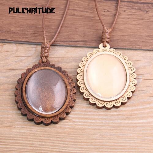 2pcs 30*40mm Inner Size Wood Cabochon Settings Blank Cameo Pendant Base Trays With Leather Cord For Jewelry Making