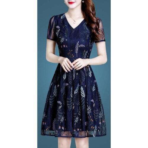 M-4XL Summer New Mesh Flower Breathable Heavy Embroidery Temperament Goddess A-Line Elegant Cocktail Dresses 9750
