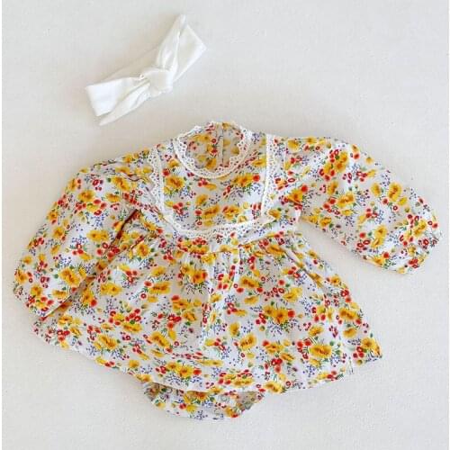 New 2020 Infant Baby Girls Yellow Floral Printing Rompers Clothing Spring Autumn Kids Girl Long Sleeve Rompers Clothes