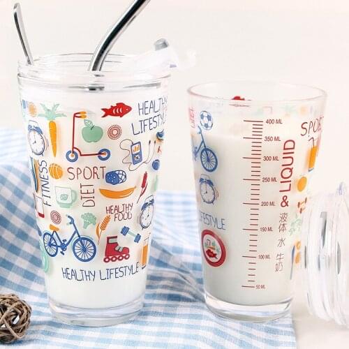 Ins Creative Graffiti Glass cup Heat-resistant Milk Coffee Boba Tea glass cup big capacity Kids breakfast Milk Cup Lid straw