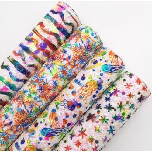 LEOsyntheticoDIY Jellyfish Seestars Summer Plant Printed Unicorn Chunky Glitter Vinyl Fabric Sheet Felt Backing DIY A4 SIZE R100