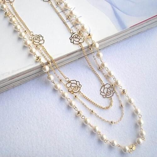 Fashion Long Sweater Chain Ornaments Imitation Pearl Rose Flower Girl Dress Multilayer Long Necklace