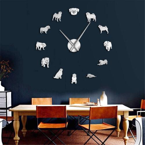 Pug a Licious Pug Dog DIY Giant Mute Wall Clock Dog Breeds Mirror Effect Wall Art Pet Shop Decorative Wall Watch Pug Lovers Gift