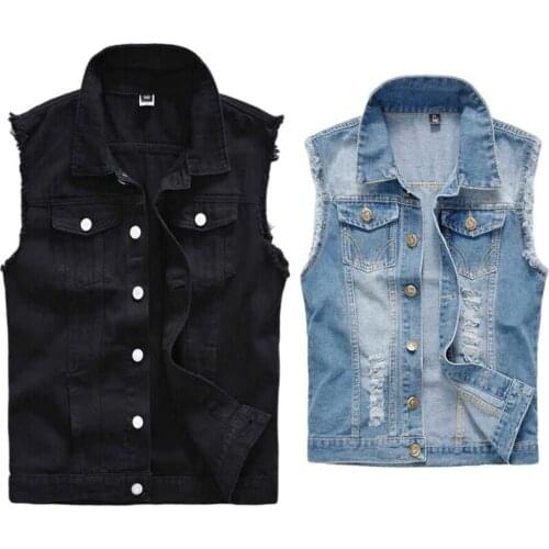 Mens Hooded Denim Vest Raw-Edged Sleeveless DenimJacket Street Punk Double Pockets Waistcoat Cowboy Ripped Jacket M-6XL
