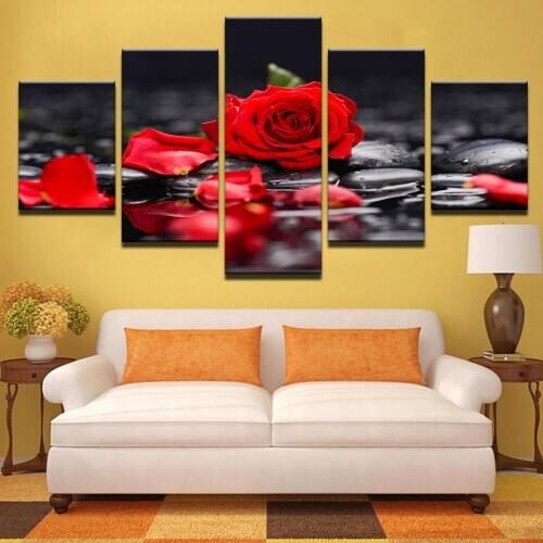 Wall Art Canvas Paintings Modular 5 Pieces HD Printing Black Pebbles Red Rose Flower Posters Pictures Decor Home Bedroom Frame