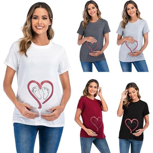 2020 New Maternity T-shirt Maternity Clothing Breastfeeding Clothes Love Footprints Printing Pregnant Clothes Cotton Pregnant
