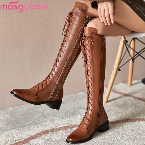 Masgulahe 2020 New arrival women boots med heels square toe fashion ladies shoes genuine leather solid color knee high boots