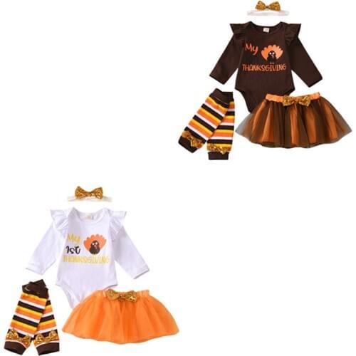 Toddler Baby Girls Thanksgiving Outfits Turkey Romper Bodysuit+Tutu Tulle Skirt+Headband+Legging Warmers Clothing Set 0-24M