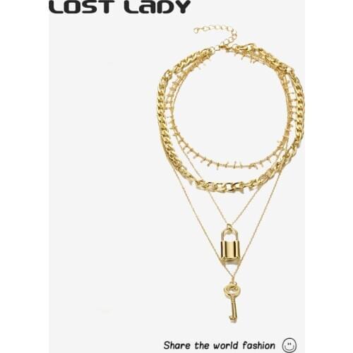Lost Lady Fashion Lock Pendant Necklace For Women Gold Color Alloy MultiLayer Choker Necklace Wholesale Accessories Party Gifts