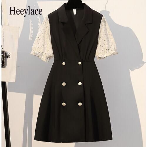 Plus Size Women Elegant Blazer Dress Summer 2020 notched Collar Polka Dot Short Sleeve Patchwork Black A-Line Dresses 5XL robe