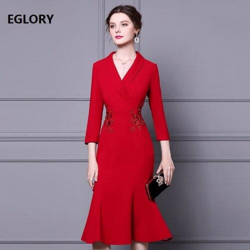 XXL Dress Vestidos De Festa 2021 Spring Autumn Party Event Women V-Neck Hand Made Beading Embroidery Midi Red Black Dress Luxury