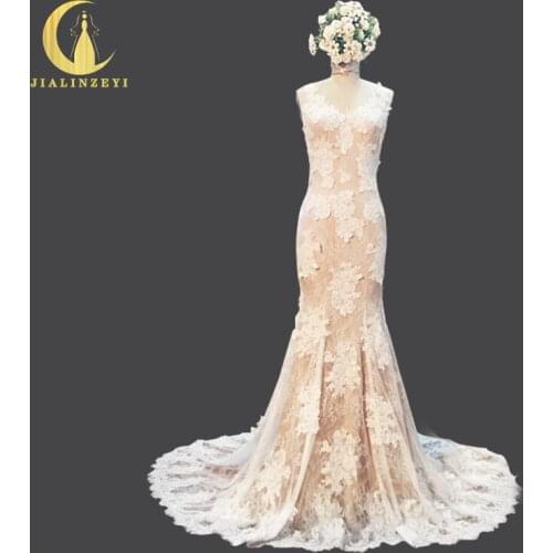 Rhine Real Sample Sexy V Neck Lace Under Mermaid Fashon New Bridal Wedding Gown wedding dresses