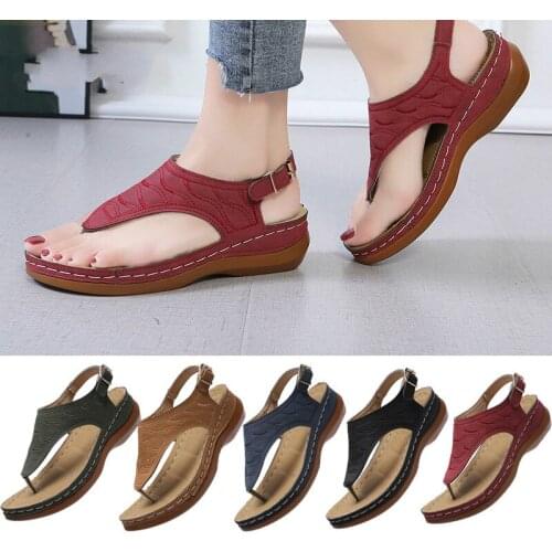 Women PU Flip Wedge Sandals Casual Large Size Retro Sandal for Women Solid Color Female Beach Sandal Shoes Zapatos De Mujer