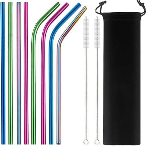 Mixing Color Reusable Metal Drinking Straws 304 Stainless Steel Straw Set with Cleaner Brush Bar Drinkware Party Accessory