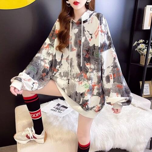 Thin Sweater Womens Printing Ins2021 Autumn Korean Style Loose Large Size Fat Mm200 kg Cotton Top Hooded Hoodies