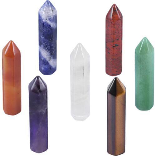 TUMBEELLUWA 7PCS Healing Chakra Crystal Wands 6 Faceted Single Point Set,Reiki Chakra Gem Stones Balancing Meditation Therapy