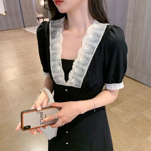 Vintage V-neck Midi Dress Women Black Gothic Korean Slim Fairy Dress Lady Lace Elegant Patchwork Evening Party Dress Summer 2021