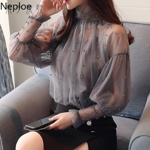 Neploe Temperament Chiffon Shirt Blusas Mujer De Moda 2020 Heavy Beading Turtleneck Blouses Lantern Sleeve See Through Tops
