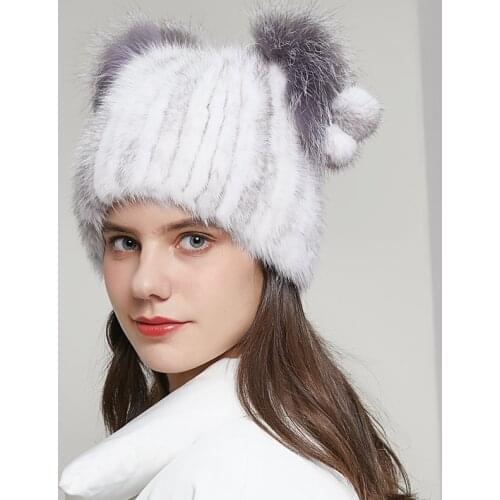 JKP Womens genuine mink fur hat with real fox fur pom poms cap winter autumn lovely cat ear style caps