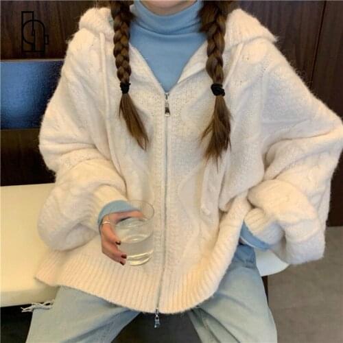 Luck A 2021 Women Autumn Winter Twist Zipper Hooded Sweater Coat Knitted Cardigan Jacket Oversized Long Lantern Sleeve Outwear