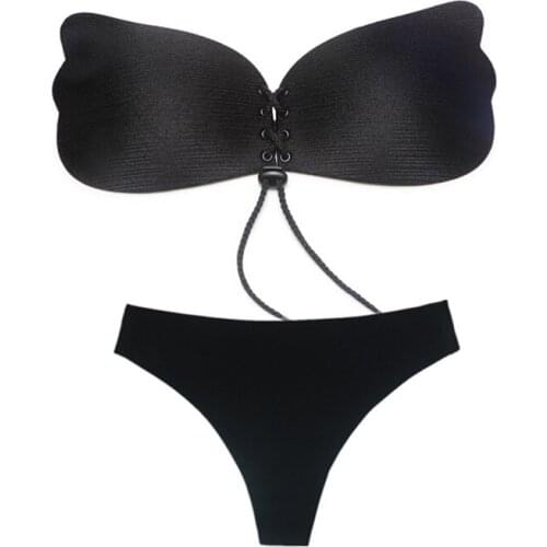 Black Silicone Bra Thong Set Strapless Bras Underwear Women Invisible Backless Sexy Lingerie Big Cup E F G