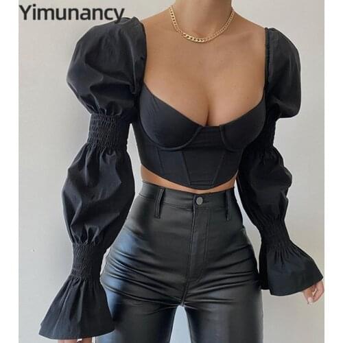 Yimunancy Puff Sleeve Cropped Top Women Cut Out Blouse 2021 Spring Elegant Top Blusas
