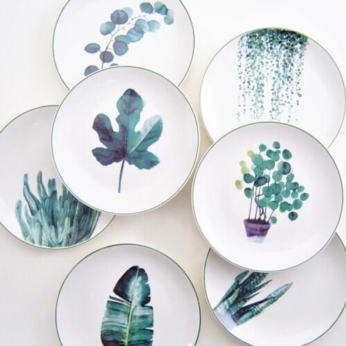 1pcs Christmas Gift Ceramic Plate Handcraft Green Plants Porcelain serving Platter Steak Plates Dishes Home Kitchen Decoration