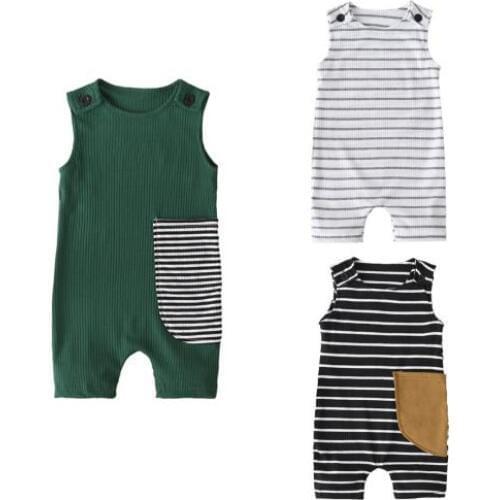 2020 Summer Newborn Infant Baby Girls Boys Rompers Striped Pocket Print Sleeveless Jumpsuits Summer Casual Baby Trousers