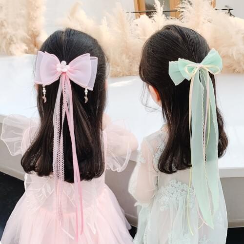 2021 Children Cute Colors Lace Streamer Ornament Hair Clips Baby Girls Lovely Alloy Barrettes Hairpins Kids Hair Accessories