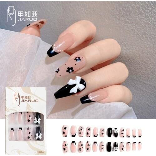 24PCS Fake Nails With Glue Rhinestones Long Detachable French Stick on Nails Coffin Flame Press on Nails Art DIY Manicure Tool