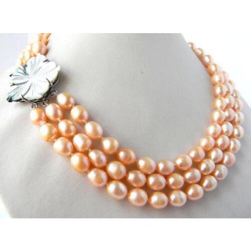 3row 18" 9MM Pink Rice Freshwater Pearl Necklace