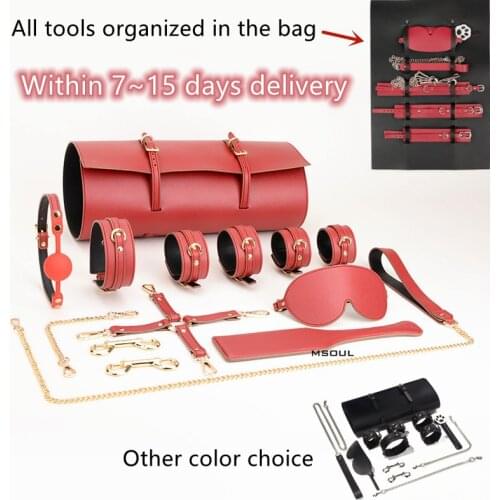 BDSM Leather Restraints Sets SM Sexy Bondage Kit Metal Hogtie cross cuffs blindfold