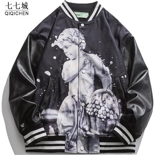 Hip Hop Baseball Jacket Coats Men Women Printing PU Patchwork Bomber Jackets Mens Harajuku Streetwear Unisex Oversize Clothing