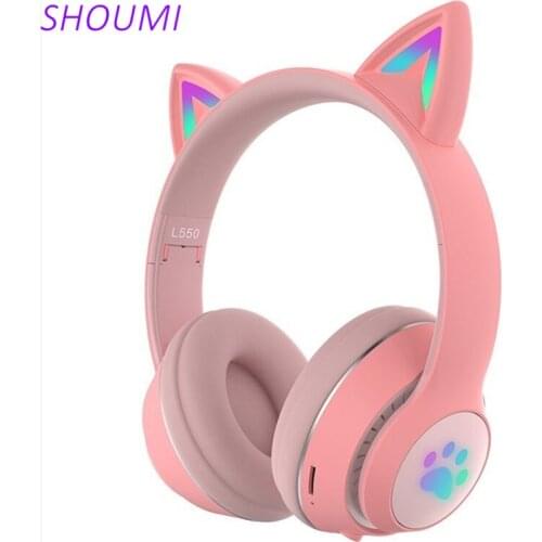L550 Cat Ear Headphone Headset Bluetooth Earphone Wireless Helmet Flashing Breath LED Headsets with Mic for Kids Girl Music Gift