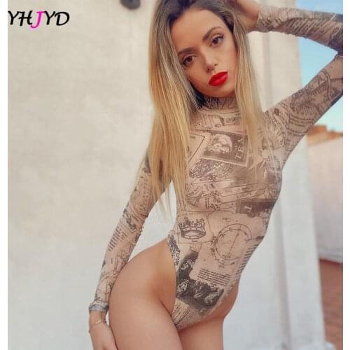 2021 Spring Map Printed Bodysuits Women Sexy High Waist Mesh Transparent Nude Mock Neck Club Party New Trendy Bodycon